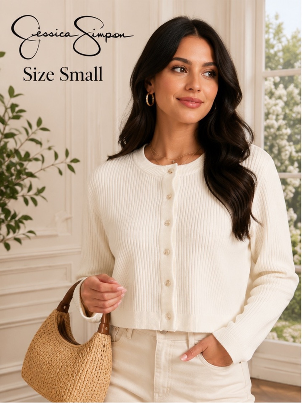 Jessica Simpson Ivory Ribbed Cropped Button Cardigan Sweater Small